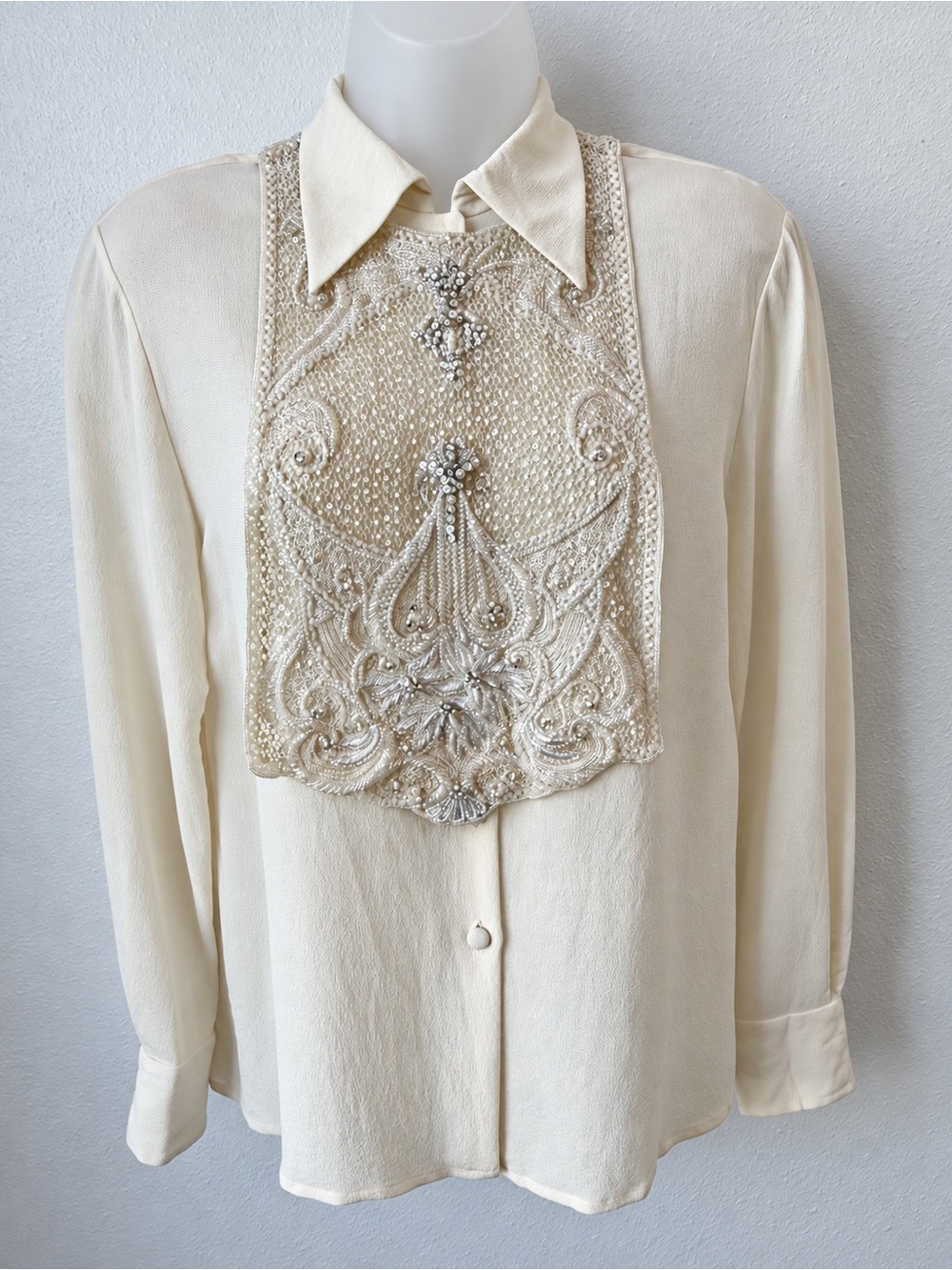 Badgley Mischka Vintage Silk Blouse Beaded Sequin Bib Ivory